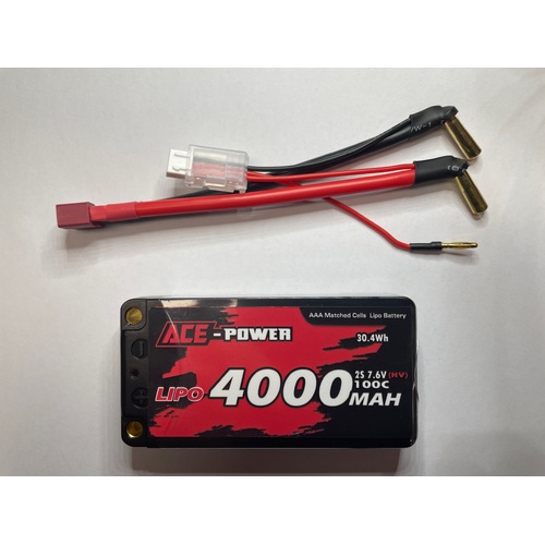 ACE Power - 7.6v 2S 4000mAh 100C Shorty Pack w/4mm Deans Harness