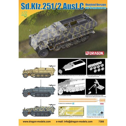 Dragon -7308 1/72 Sd.Kfz.251/2 Ausf.C Rivetted Version mit Granatwerfer Plastic Model Kit