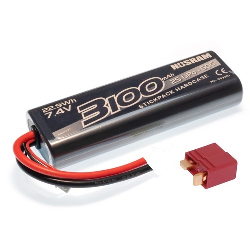 NOSRAM 3100MAH 50C - STD ROUND STICK HARD CASE 7.4V LIPO BATTERY WITH DEANS PLUG - NOS999301-DEA