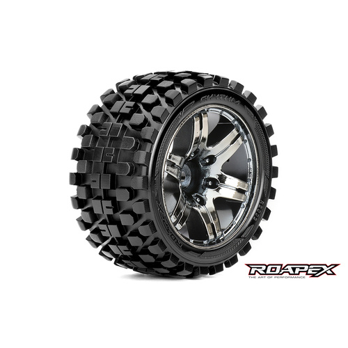 Roapex - Rhythm 1/10 Stadium Truck Tire Chrome Black Wheel With 1/2 Offset 12mm Hex Mounted