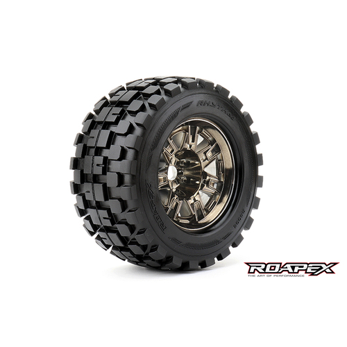 Roapex - 1/8 Rhythm monster truck rim and tyre black chrome 1/2 offset 2pc