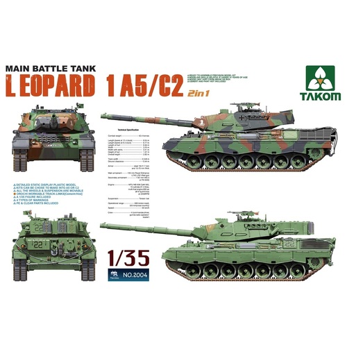 Takom - 1/35 Main Battle Tank Leopard 1 A5/2C 2 in 1 Plastic Model Kit