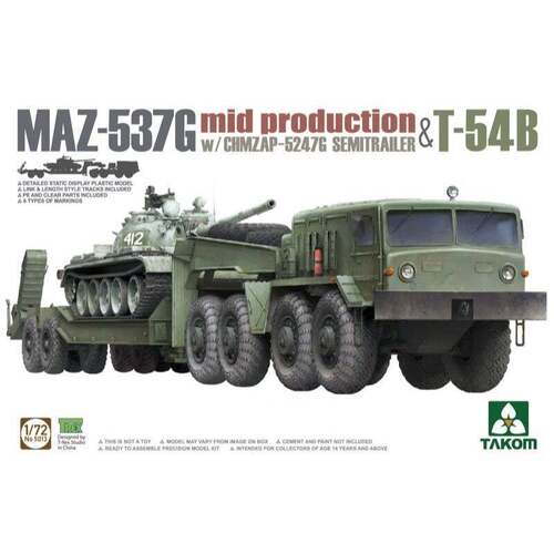 Takom - 1/72 MAZ-537G w/ChMZAP-5247G Semi-trailer mid production & T-54B Plastic Model Kit