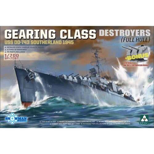 Takom 1/700 Gearing Class Destroyer USS DD-743 Southerland 1945 Full Hull Model Kit [SP-7057]