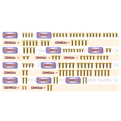 TWORKS Gold Plated Screw Set 111pcs ( For Associated B7/B7D) - GSS-RC10B7