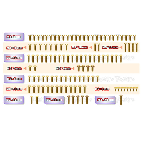 TWORKS Gold Plated Steel UFO Screw Set 113pcs. ( For Xray XB2'22 )