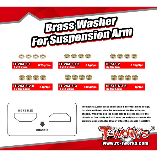 TWORKS Brass Washer Set For Suspension Arm 3 x 7.5 x2.5mm ( Each 4pcs. ) - TE-243-S-2.5