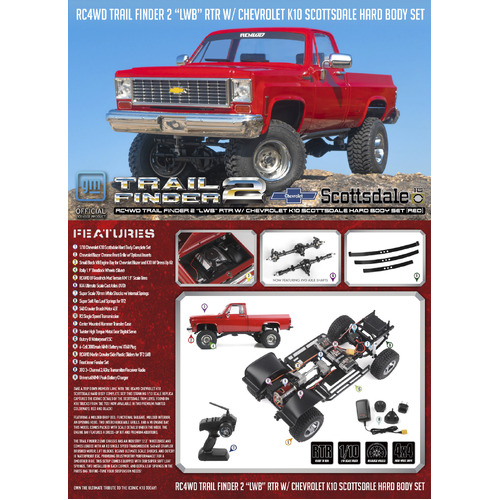 RC4WD Trail Finder 2 "LWB" RTR W/ Chevrolet K10 Scottsdale Hard Body Set (Red)